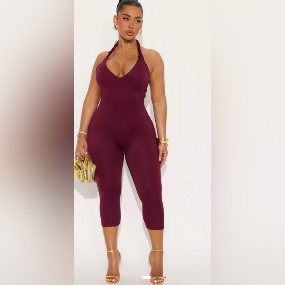 Fashion Nova Deep Wine Halter Jumpsuit